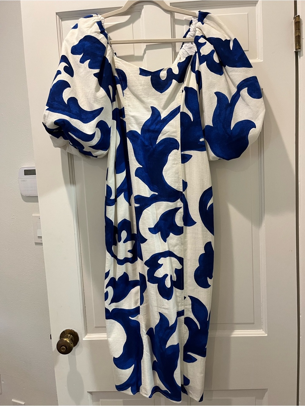 H&M White Midi Dress with Bold Royal Blue Floral Print and Puff Sleeves